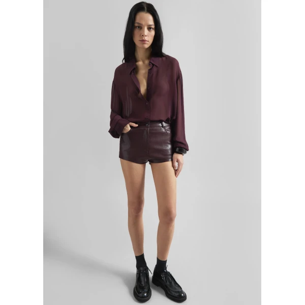 The Frankie Shop Nevis Faux Leather Hot Pants - Burgundy - Oversized Minimalist Shorts in Red - Shop at Luxury Shoes 