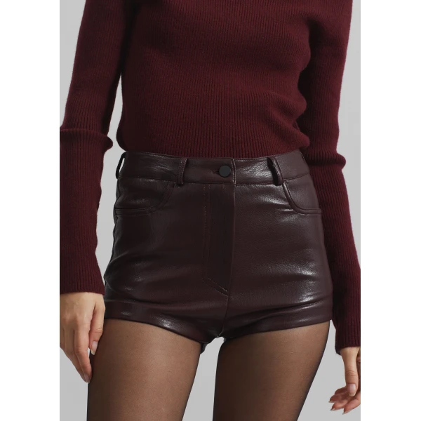 The Frankie Shop Nevis Faux Leather Hot Pants - Burgundy - Oversized Minimalist Shorts in Red - Shop at Luxury Shoes 