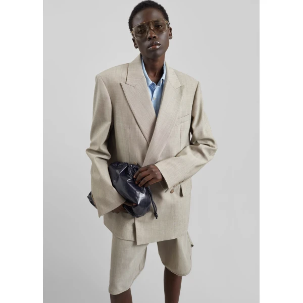 The Frankie Shop Newark Double Breasted Blazer - Beige Melange - Oversized Minimalist Jackets in Beige - Shop at Luxury Shoes 