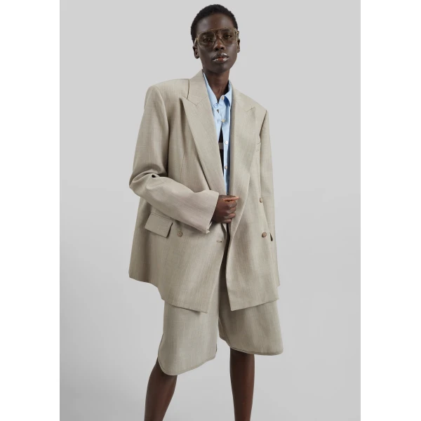 The Frankie Shop Newark Double Breasted Blazer - Beige Melange - Oversized Minimalist Jackets in Beige - Shop at Luxury Shoes 