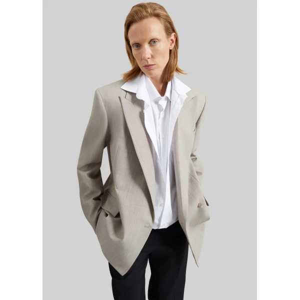 The Frankie Shop Newark Double Breasted Blazer - Beige Melange - Oversized Minimalist Jackets in Beige - Shop at Luxury Shoes 