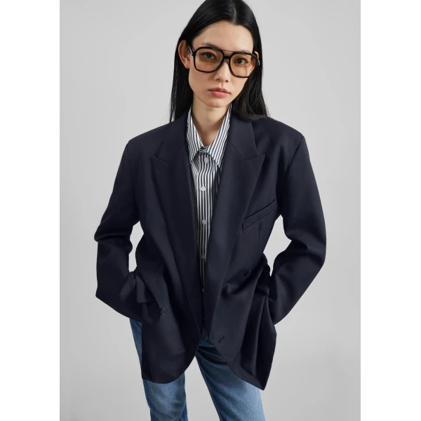 The Frankie Shop Newark Double Breasted Blazer - Navy - Oversized Minimalist Jackets in Blue - Shop at Luxury Shoes 