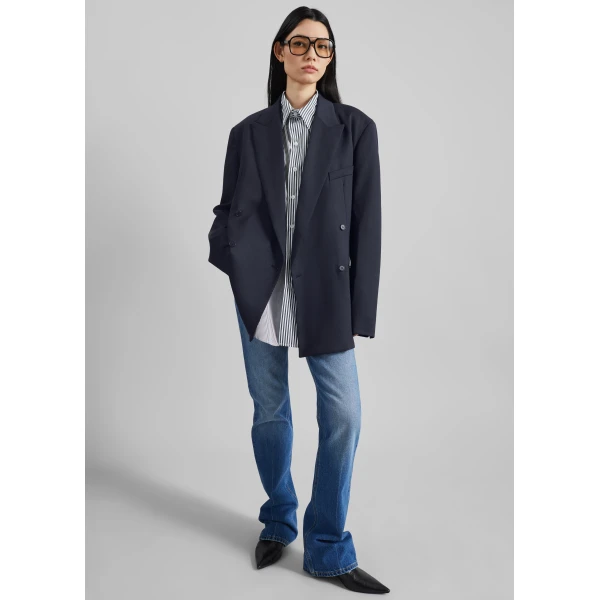 The Frankie Shop Newark Double Breasted Blazer - Navy - Oversized Minimalist Jackets in Blue - Shop at Luxury Shoes 