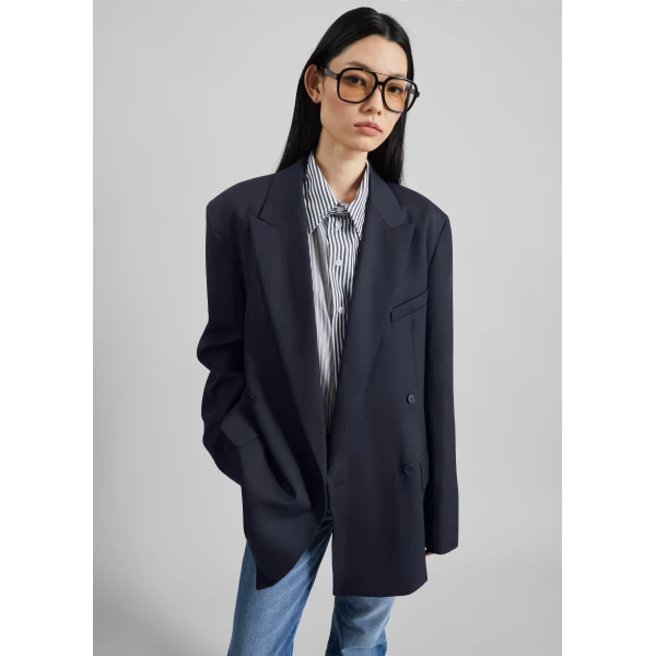The Frankie Shop Newark Double Breasted Blazer - Navy - Oversized Minimalist Jackets in Blue - Shop at Luxury Shoes 