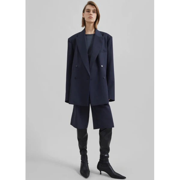 The Frankie Shop Newark Double Breasted Blazer - Navy - Oversized Minimalist Jackets in Blue - Shop at Luxury Shoes 