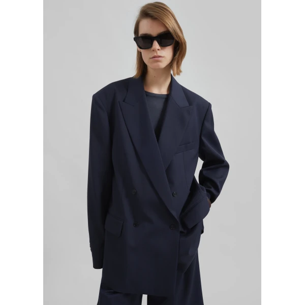 The Frankie Shop Newark Double Breasted Blazer - Navy - Oversized Minimalist Jackets in Blue - Shop at Luxury Shoes 