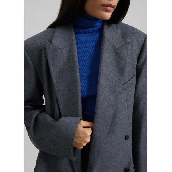 The Frankie Shop Newark Flannel Double Breasted Blazer - Grey Melange - Oversized Minimalist Jackets in Grey - Shop at Luxury Shoes 