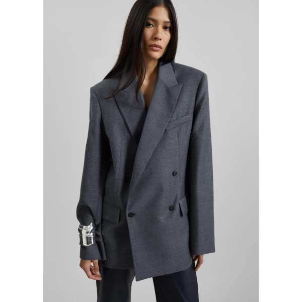 The Frankie Shop Newark Flannel Double Breasted Blazer - Grey Melange - Oversized Minimalist Jackets in Grey - Shop at Luxury Shoes 