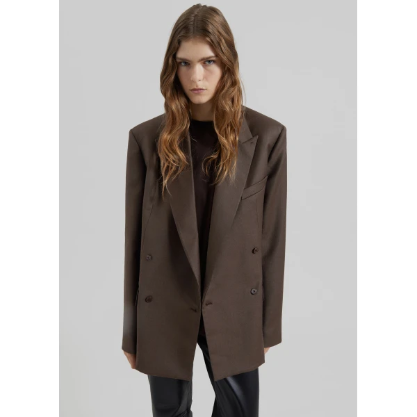 The Frankie Shop Newark Flannel Double Breasted Blazer - Mocha - Oversized Minimalist Jackets in Beige - Shop at Luxury Shoes 
