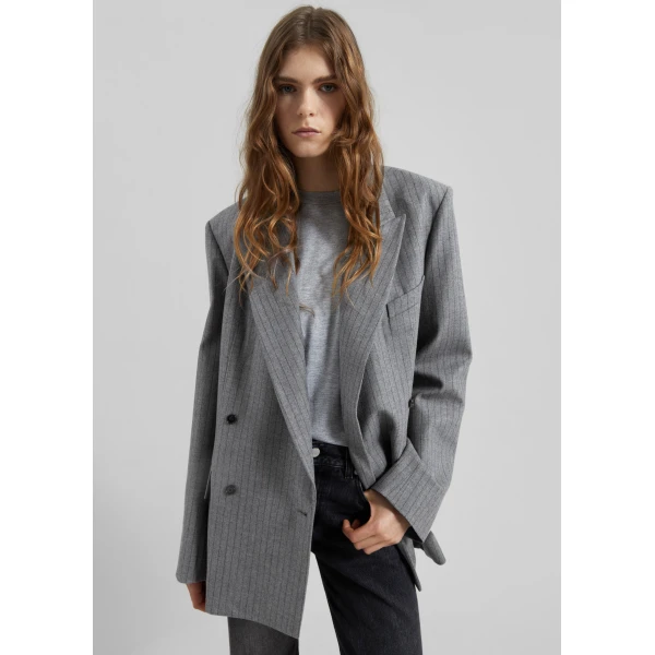 The Frankie Shop Newark Pinstripe Double Breasted Blazer - Grey/Brown - Oversized Minimalist Jackets in Multicolour - Shop at Luxury Shoes 