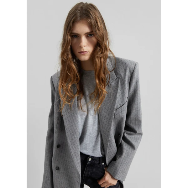 The Frankie Shop Newark Pinstripe Double Breasted Blazer - Grey/Brown - Oversized Minimalist Jackets in Multicolour - Shop at Luxury Shoes 