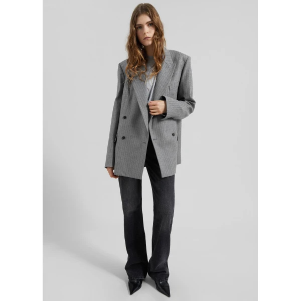 The Frankie Shop Newark Pinstripe Double Breasted Blazer - Grey/Brown - Oversized Minimalist Jackets in Multicolour - Shop at Luxury Shoes 