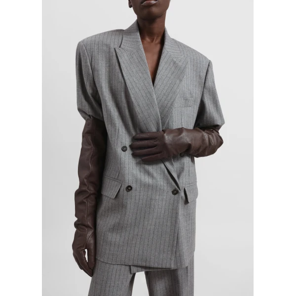 The Frankie Shop Newark Pinstripe Double Breasted Blazer - Grey/Brown - Oversized Minimalist Jackets in Multicolour - Shop at Luxury Shoes 