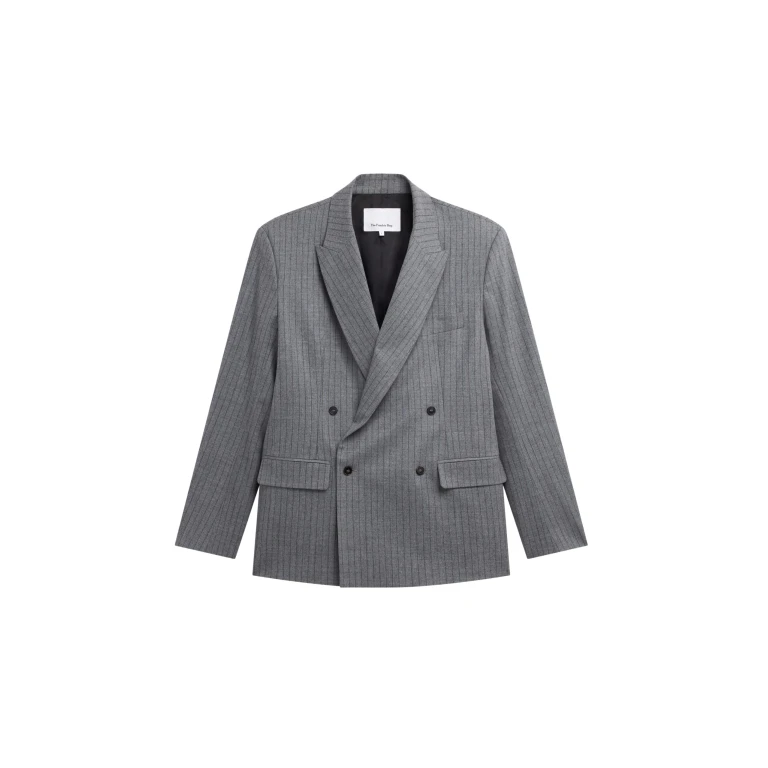 The Frankie Shop Newark Pinstripe Double Breasted Blazer - Grey/Brown - Oversized Minimalist Jackets in Multicolour - Shop at Luxury Shoes 