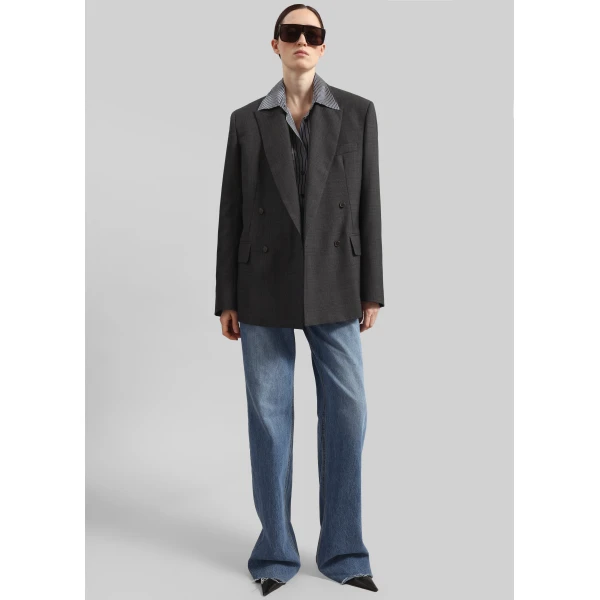 The Frankie Shop Newark Plaid Double Breasted Blazer - Dark Grey - Oversized Minimalist Jackets in Grey - Shop at Luxury Shoes 