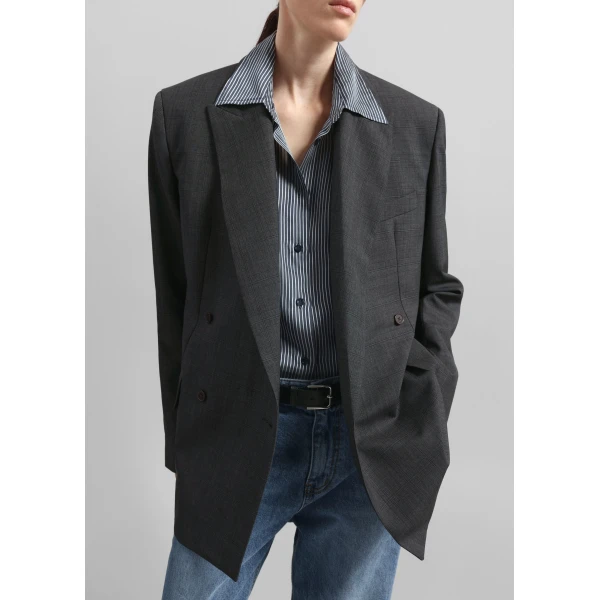 The Frankie Shop Newark Plaid Double Breasted Blazer - Dark Grey - Oversized Minimalist Jackets in Grey - Shop at Luxury Shoes 