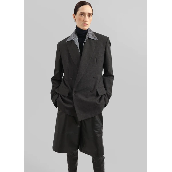 The Frankie Shop Newark Plaid Double Breasted Blazer - Dark Grey - Oversized Minimalist Jackets in Grey - Shop at Luxury Shoes 