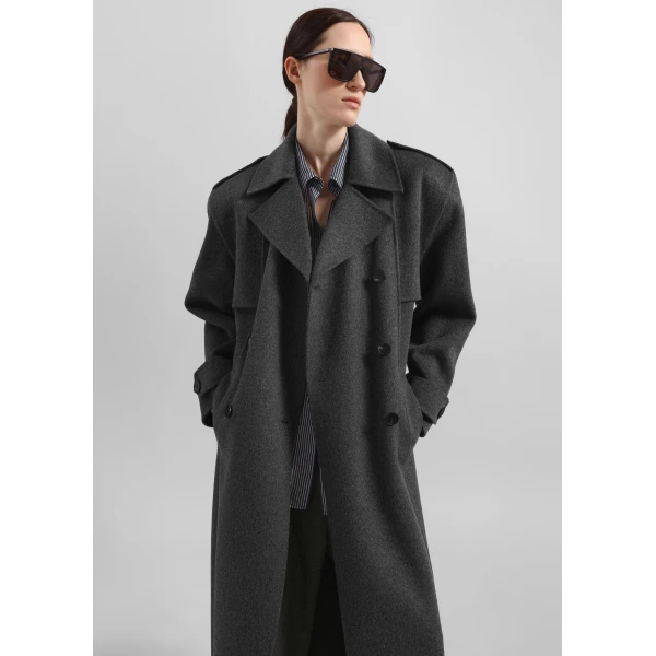 The Frankie Shop Nikola Padded Trench Coat - Dark Grey Melange - Oversized Minimalist Coats in Grey - Shop at Luxury Shoes 