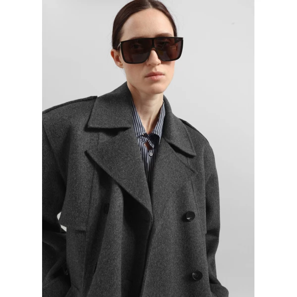 The Frankie Shop Nikola Padded Trench Coat - Dark Grey Melange - Oversized Minimalist Coats in Grey - Shop at Luxury Shoes 