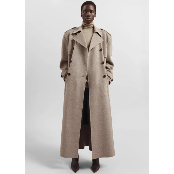 The Frankie Shop Nikola Padded Trench Coat - Taupe Melange - Oversized Minimalist Coats in Beige - Shop at Luxury Shoes 