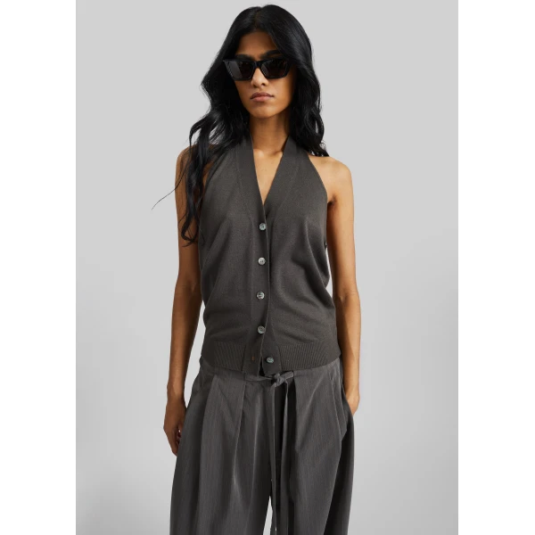 The Frankie Shop Nimi Knit Halter Top - Charcoal - Oversized Minimalist Tops in Grey - Shop at Luxury Shoes 