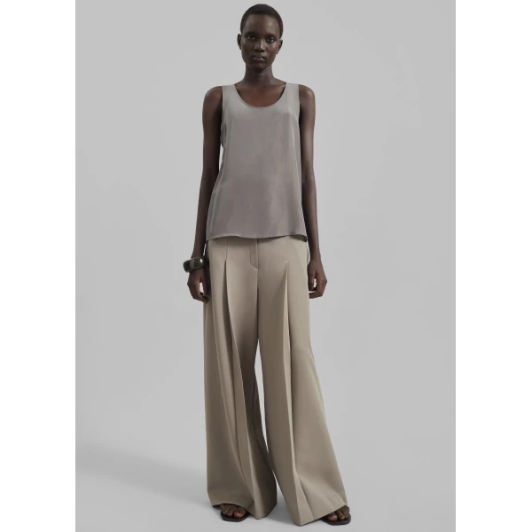 The Frankie Shop Nivee Lustrous Boxy Tank - Dark Taupe - Oversized Minimalist Tops in Beige - Shop at Luxury Shoes 