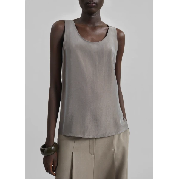 The Frankie Shop Nivee Lustrous Boxy Tank - Dark Taupe - Oversized Minimalist Tops in Beige - Shop at Luxury Shoes 