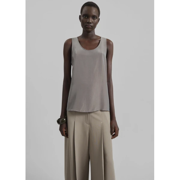 The Frankie Shop Nivee Lustrous Boxy Tank - Dark Taupe - Oversized Minimalist Tops in Beige - Shop at Luxury Shoes 