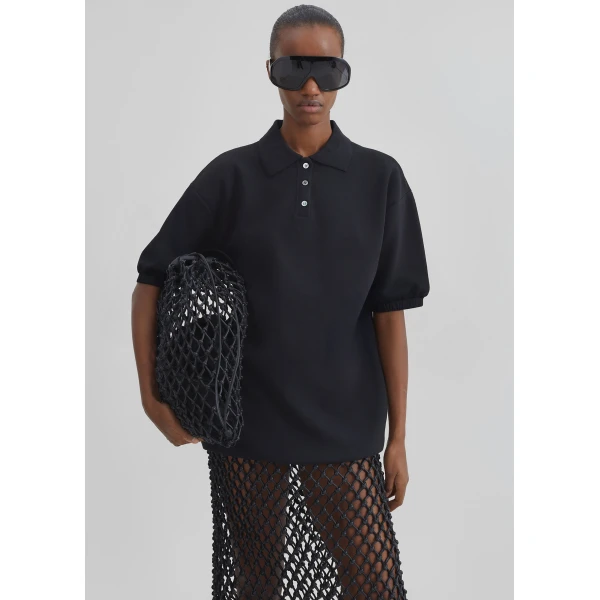 The Frankie Shop Nola Knit Polo Top - Black - Oversized Minimalist Tops in Black - Shop at Luxury Shoes 