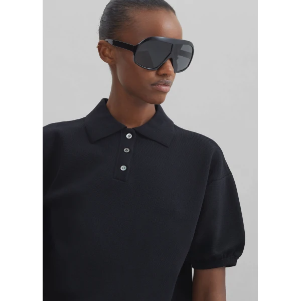 The Frankie Shop Nola Knit Polo Top - Black - Oversized Minimalist Tops in Black - Shop at Luxury Shoes 