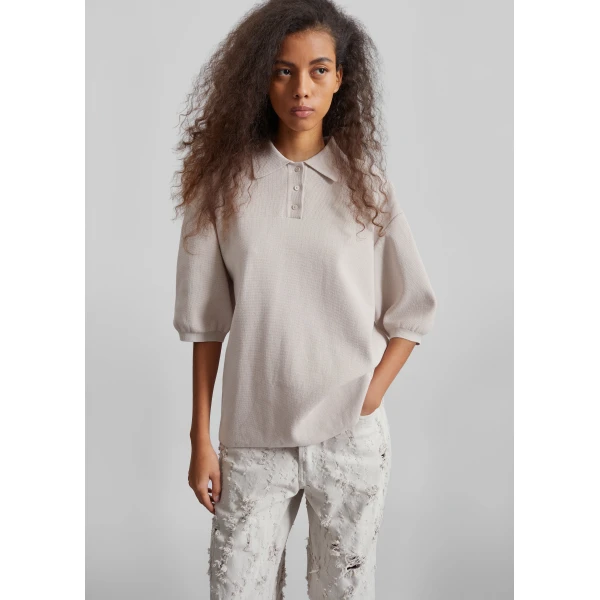 The Frankie Shop Nola Knit Polo Top - Slate Grey - Oversized Minimalist Tops in Grey - Shop at Luxury Shoes 