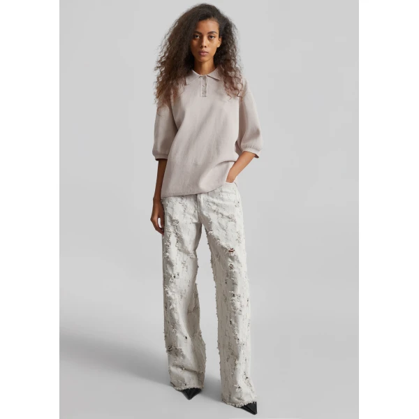 The Frankie Shop Nola Knit Polo Top - Slate Grey - Oversized Minimalist Tops in Grey - Shop at Luxury Shoes 