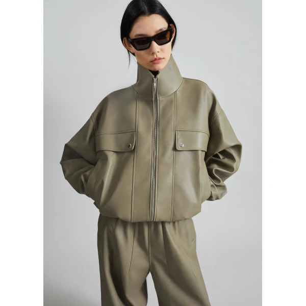The Frankie Shop Nolita Faux Leather Bomber Jacket - Sage - Oversized Minimalist Jackets in Green - Shop at Luxury Shoes 