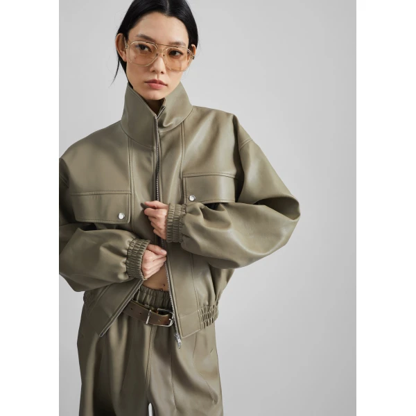 The Frankie Shop Nolita Faux Leather Bomber Jacket - Sage - Oversized Minimalist Jackets in Green - Shop at Luxury Shoes 