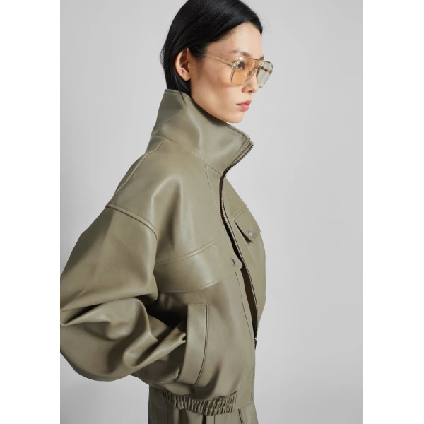 The Frankie Shop Nolita Faux Leather Bomber Jacket - Sage - Oversized Minimalist Jackets in Green - Shop at Luxury Shoes 