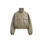 The Frankie Shop Nolita Faux Leather Bomber Jacket - Sage - Oversized Minimalist Jackets in Green - Shop at Luxury Shoes 
