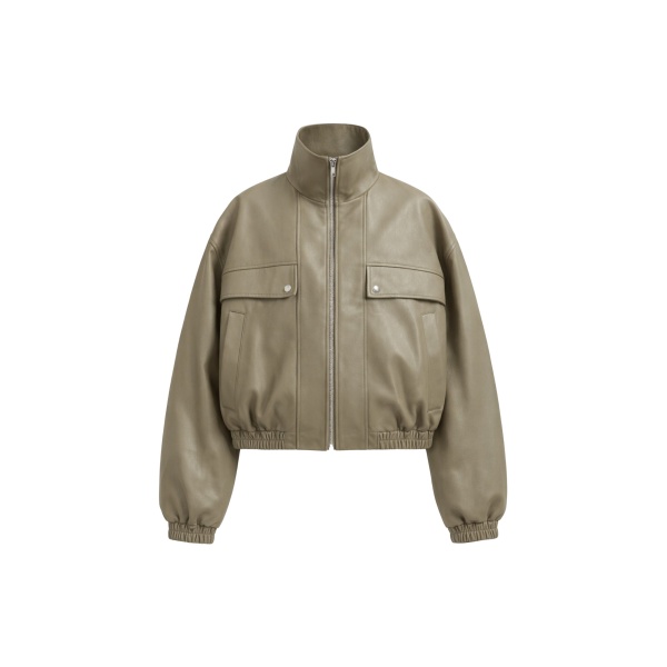 The Frankie Shop Nolita Faux Leather Bomber Jacket - Sage - Oversized Minimalist Jackets in Green - Shop at Luxury Shoes 