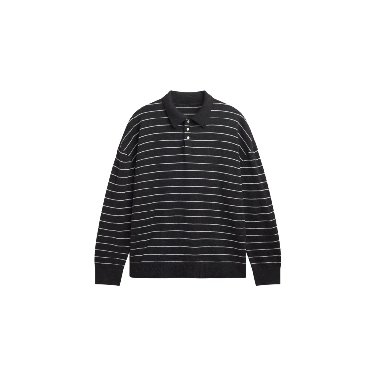 The Frankie Shop Nolma Knit Polo Sweater - Grey/White Stripe - Oversized Minimalist Knitwear in Multicolour - Shop at Luxury Shoes 