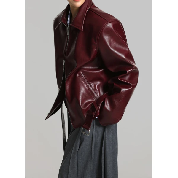 The Frankie Shop Norbury Faux Leather Jacket - Burgundy - Oversized Minimalist Jackets in Red - Shop at Luxury Shoes 