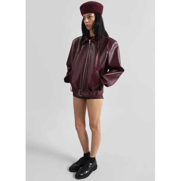 The Frankie Shop Norbury Faux Leather Jacket - Burgundy - Oversized Minimalist Jackets in Red - Shop at Luxury Shoes 