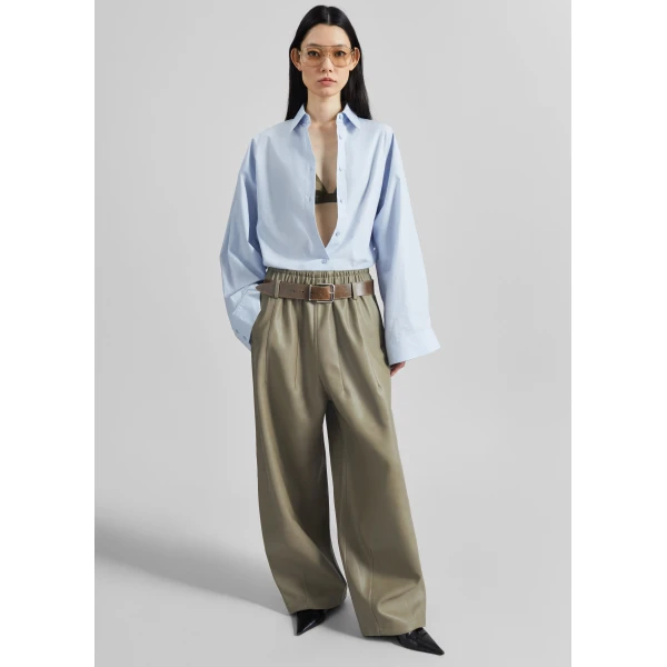 The Frankie Shop Oakdale Faux Leather Track Pants - Sage - Oversized Minimalist Pants in Green - Shop at Luxury Shoes 