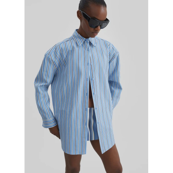 The Frankie Shop Oana Cotton Padded Shirt - Blue Multi Stripe - Oversized Minimalist Tops in Multicolour - Shop at Luxury Shoes 