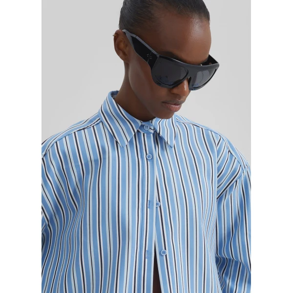The Frankie Shop Oana Cotton Padded Shirt - Blue Multi Stripe - Oversized Minimalist Tops in Multicolour - Shop at Luxury Shoes 