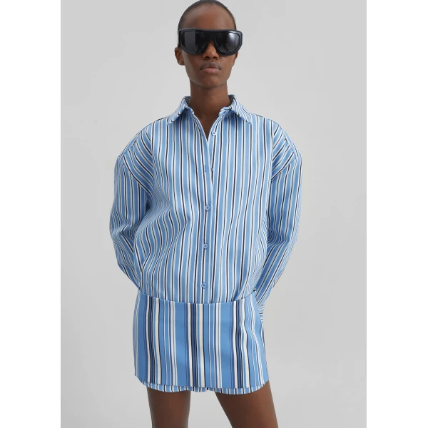 The Frankie Shop Oana Cotton Padded Shirt - Blue Multi Stripe - Oversized Minimalist Tops in Multicolour - Shop at Luxury Shoes 