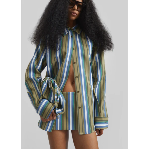 The Frankie Shop Oana Cotton Padded Shirt - Green Multi Stripe - Oversized Minimalist Tops in Multicolour - Shop at Luxury Shoes 