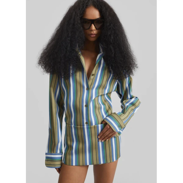 The Frankie Shop Oana Cotton Padded Shirt - Green Multi Stripe - Oversized Minimalist Tops in Multicolour - Shop at Luxury Shoes 
