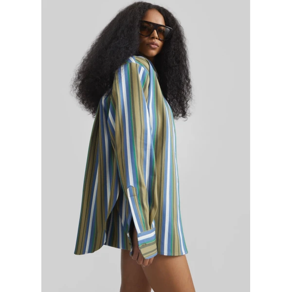 The Frankie Shop Oana Cotton Padded Shirt - Green Multi Stripe - Oversized Minimalist Tops in Multicolour - Shop at Luxury Shoes 