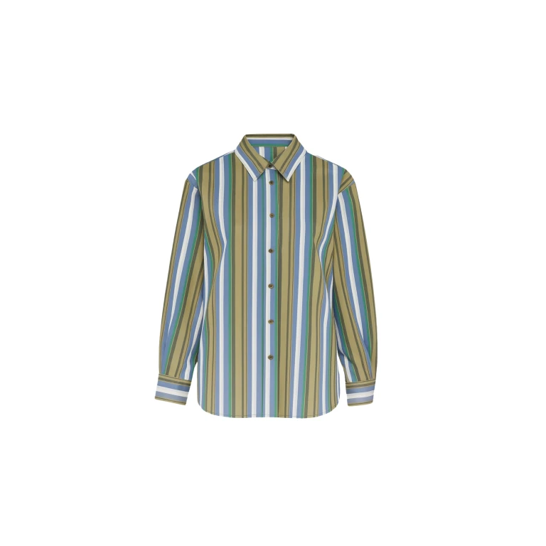 The Frankie Shop Oana Cotton Padded Shirt - Green Multi Stripe - Oversized Minimalist Tops in Multicolour - Shop at Luxury Shoes 