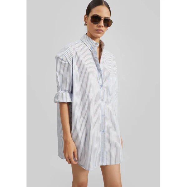 The Frankie Shop Oana Cotton Padded Shirt - Light Blue/Brown Stripe - Oversized Minimalist Tops in Multicolour - Shop at Luxury Shoes 