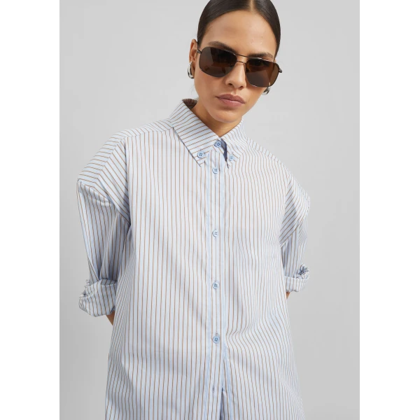 The Frankie Shop Oana Cotton Padded Shirt - Light Blue/Brown Stripe - Oversized Minimalist Tops in Multicolour - Shop at Luxury Shoes 
